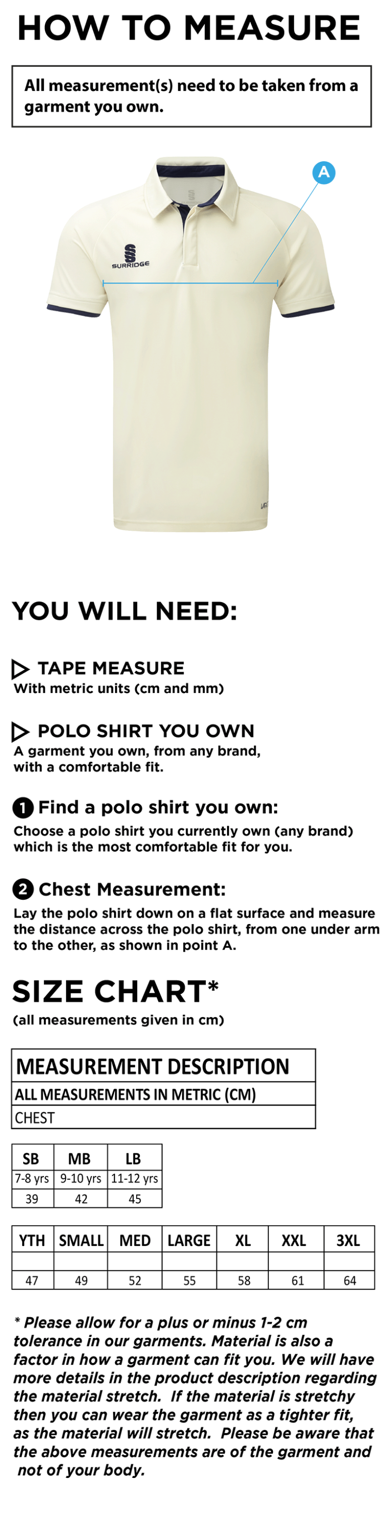 ITSLib XI - SHORT SLEEVE CRICKET SHIRT - Size Guide