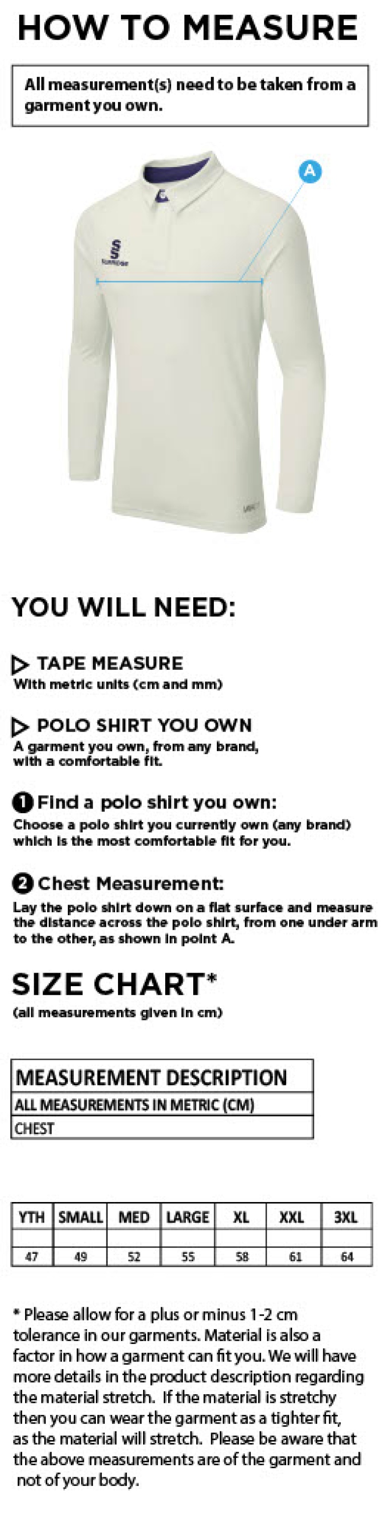 ITSLib XI - LONG SLEEVE CRICKET SHIRT - Size Guide