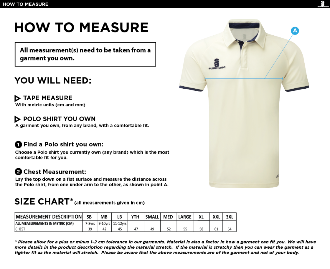 ITSLib XI - SHORT SLEEVE CRICKET SHIRT - Size Guide