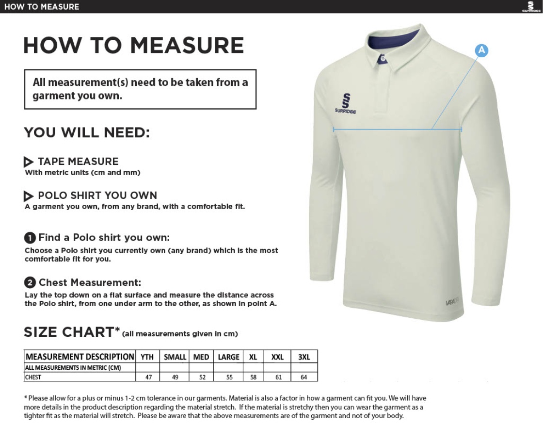 ITSLib XI - LONG SLEEVE CRICKET SHIRT - Size Guide